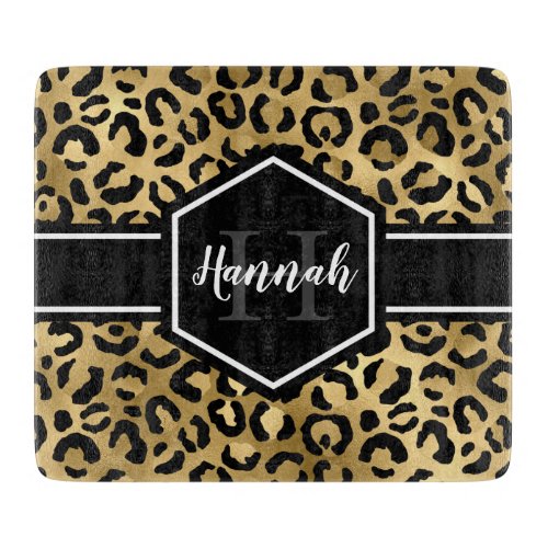 Gold Black Leopard Spots Monogram Cutting Board