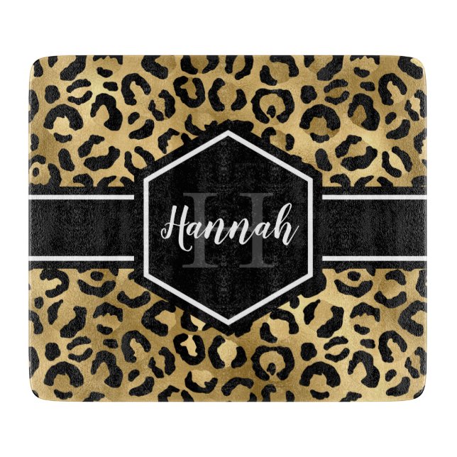 Gold Black Leopard Spots Monogram Cutting Board (Front)