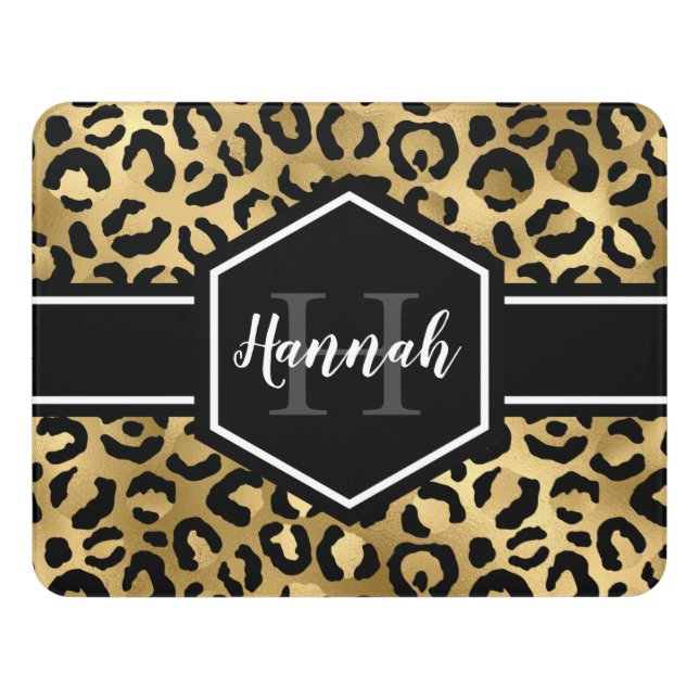 Gold Black Leopard Spots Monogram Door Sign (Contemporary Front)
