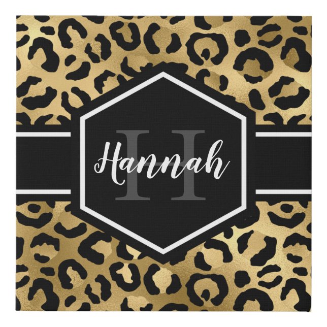 Gold Black Leopard Spots Monogram Faux Canvas Print (Front)
