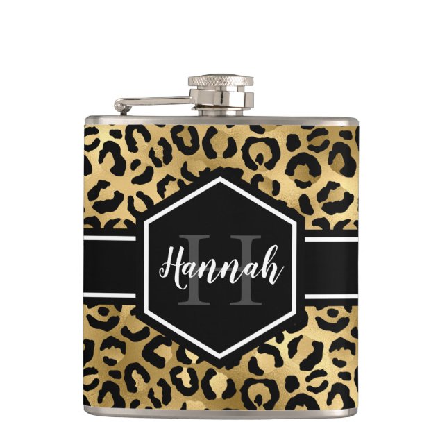 Gold Black Leopard Spots Monogram Flask (Front)
