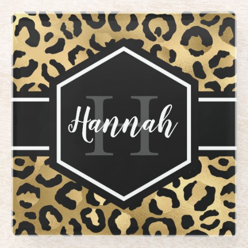 Gold Black Leopard Spots Monogram Glass Coaster