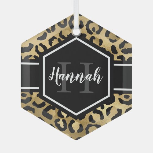 Gold Black Leopard Spots Monogram Glass Ornament