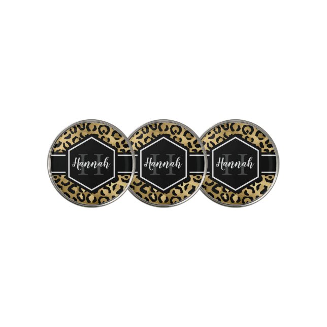 Gold Black Leopard Spots Monogram Golf Ball Marker (3 Up)