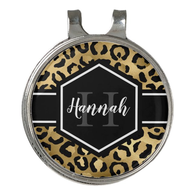 Gold Black Leopard Spots Monogram Golf Hat Clip (Front)
