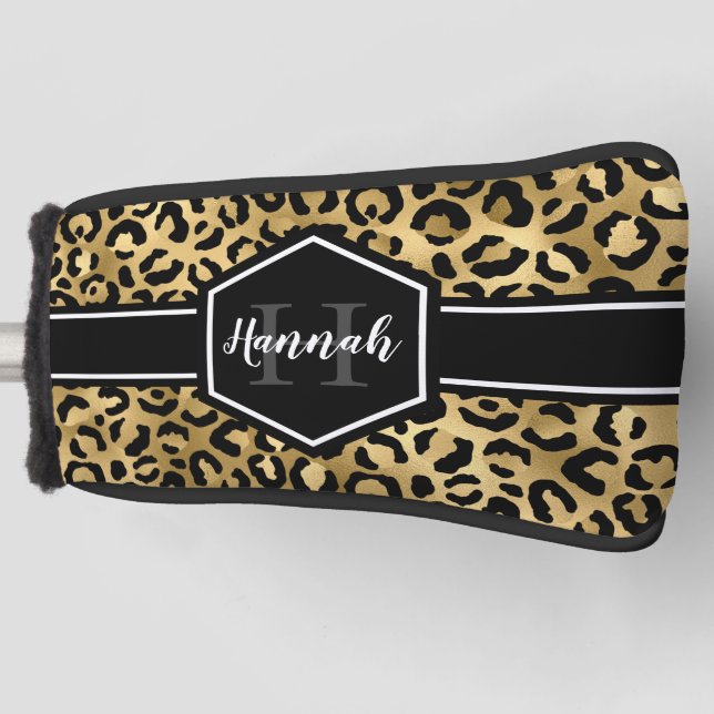 Gold Black Leopard Spots Monogram Golf Head Cover (Front)