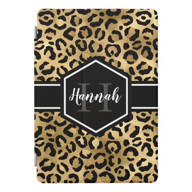 Gold Black Leopard Spots Monogram iPad Pro Cover (Front)