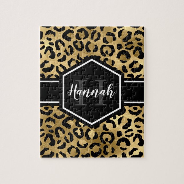 Gold Black Leopard Spots Monogram Jigsaw Puzzle (Vertical)