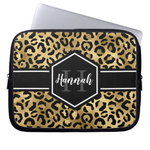 Gold Black Leopard Spots Monogram Laptop Sleeve