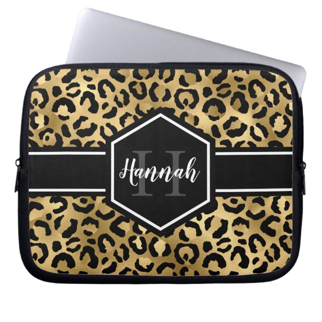 Gold Black Leopard Spots Monogram Laptop Sleeve (Front)
