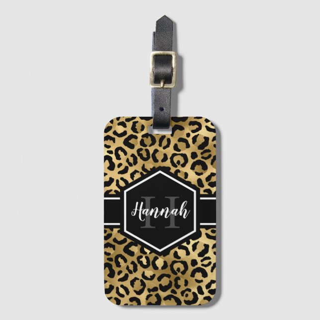 Gold Black Leopard Spots Monogram Luggage Tag (Front Vertical)