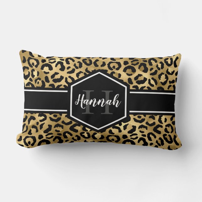 Gold Black Leopard Spots Monogram Lumbar Pillow (Front)