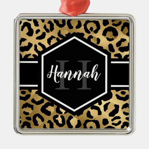 Gold Black Leopard Spots Monogram Metal Ornament