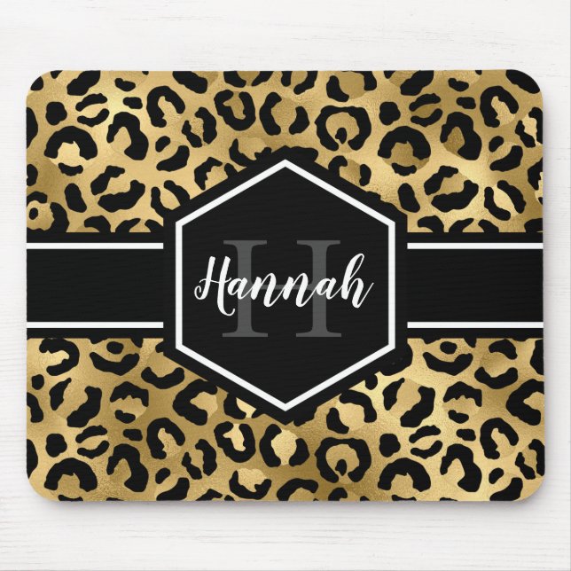 Gold Black Leopard Spots Monogram Mouse Pad (Front)