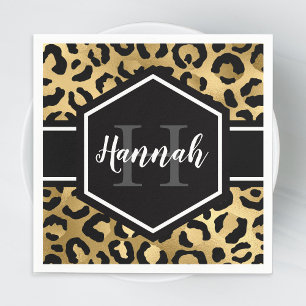 Gold Black Leopard Spots Monogram Napkins