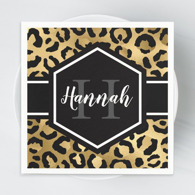 Gold Black Leopard Spots Monogram Napkins (Creator Uploaded)