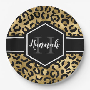 Gold Black Leopard Spots Monogram Paper Plates