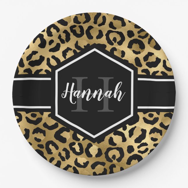 Gold Black Leopard Spots Monogram Paper Plates (Front)