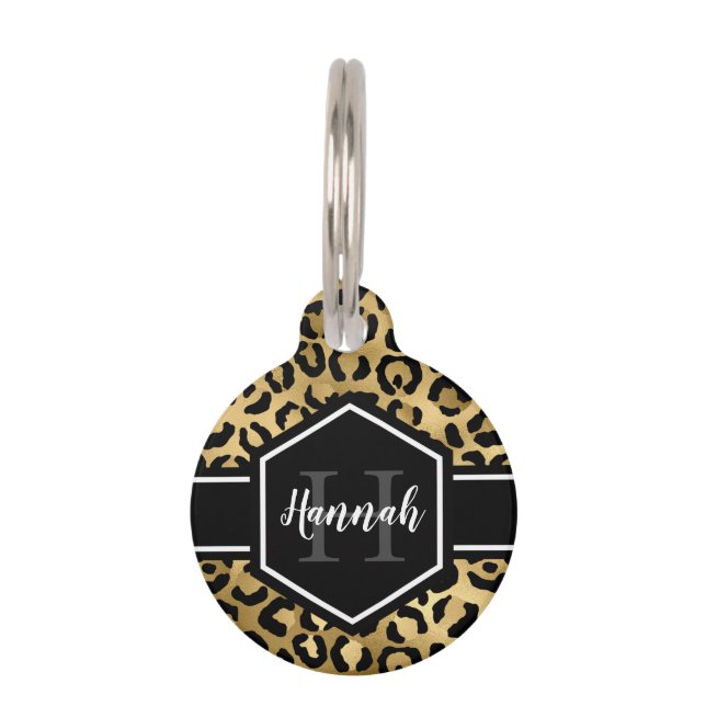 Gold Black Leopard Spots Monogram Pet ID Tag (Front)
