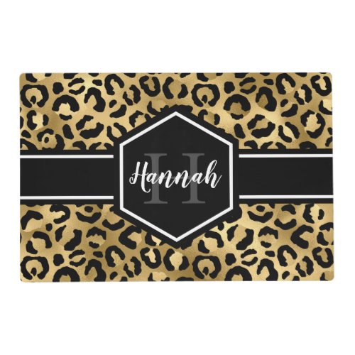 Gold Black Leopard Spots Monogram Placemat