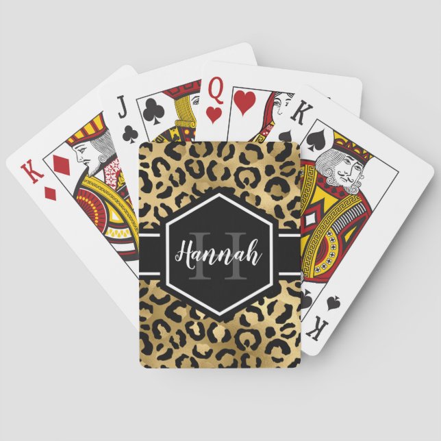 Gold Black Leopard Spots Monogram Poker Cards (Back)