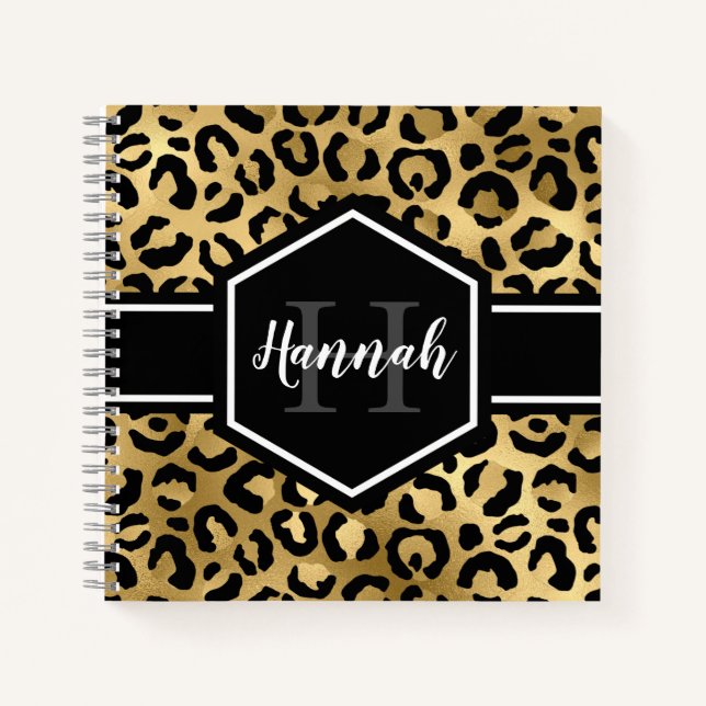 Gold Black Leopard Spots Monogram Square Notebook (Front)