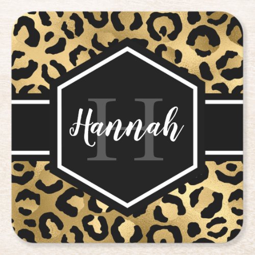 Gold Black Leopard Spots Monogram Square Paper Coaster