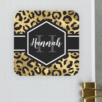 Gold Black Leopard Spots Monogram Square Sticker by DoodlesGiftShop at Zazzle