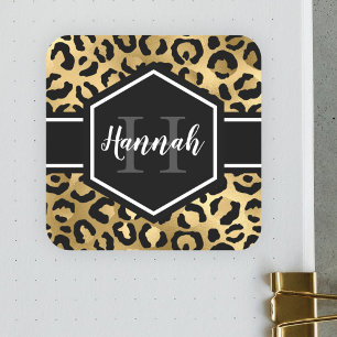 Gold Black Leopard Spots Monogram Square Sticker