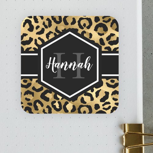 Gold Black Leopard Spots Monogram Square Sticker