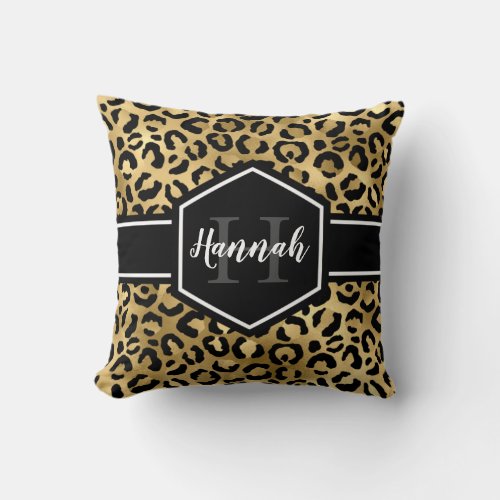 Gold Black Leopard Spots Monogram Throw Pillow