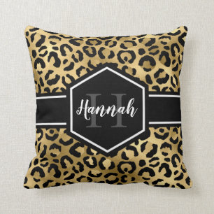 Gold Black Leopard Spots Monogram Throw Pillow