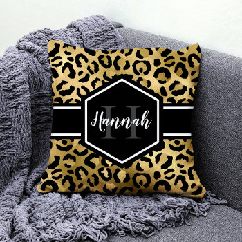 Gold Black Leopard Spots Monogram Throw Pillow by DoodlesGiftShop at Zazzle