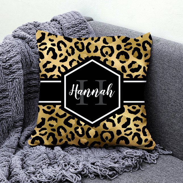 Gold Black Leopard Spots Monogram Throw Pillow (Creator Uploaded)