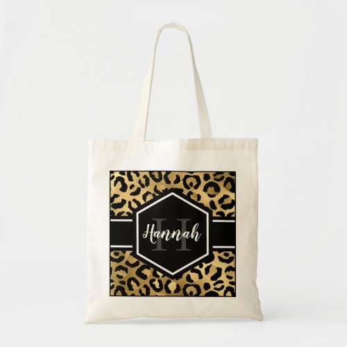 Gold Black Leopard Spots Monogram Tote Bag