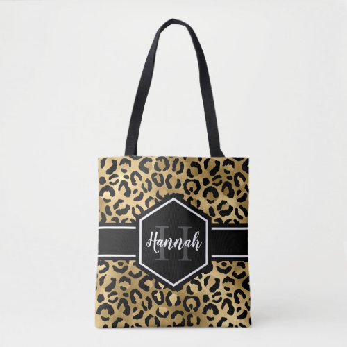 Gold Black Leopard Spots Monogram Tote Bag