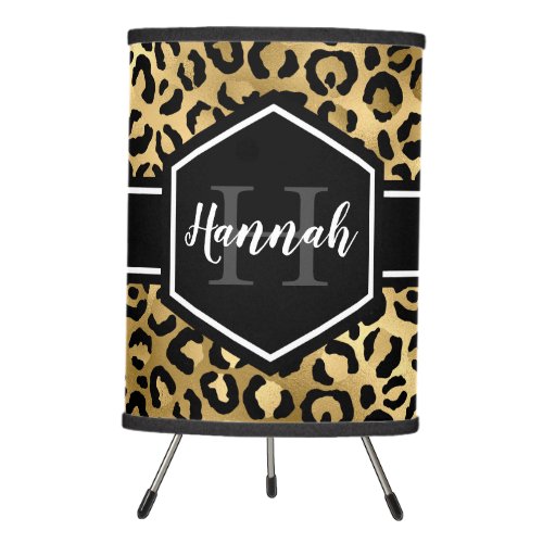 Gold Black Leopard Spots Monogram Tripod Lamp