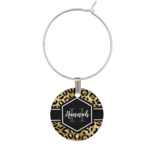 Gold Black Leopard Spots Monogram Wine Charm