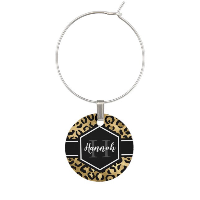 Gold Black Leopard Spots Monogram Wine Charm (Front)