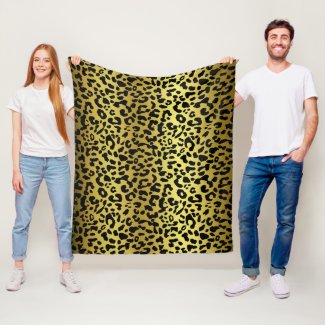 Gold black leopard spots pattern, animal fur print fleece blanket