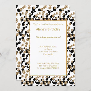 GOLD BLACK LEOPARD WHITE DIAMOND PRINT BIRTHDAY INVITATION