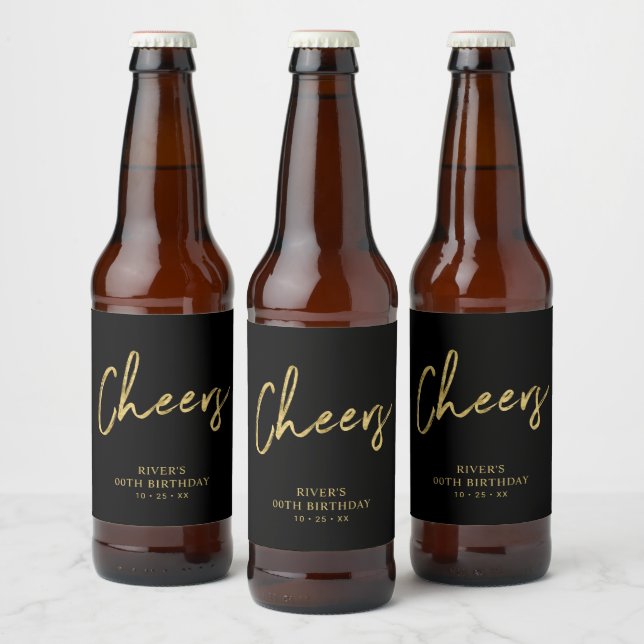 Gold & Black Lettering Cheers Adult Birthday Party Beer Bottle Label (Bottles)