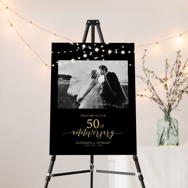 Gold & Black Lights Wedding Anniversary Welcome Foam Board (In Situ (Stand))
