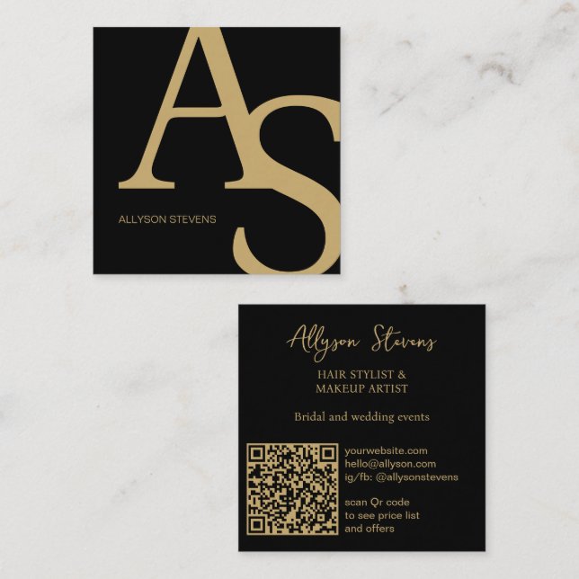 Gold Black Logo initials bold makeup qr code Square Business Card (Front/Back)