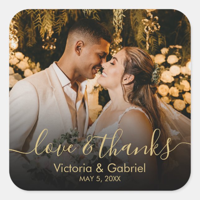 Gold Black Love and Thanks Script Wedding Photo Square Sticker (Front)