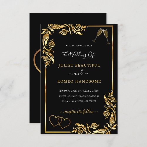 Gold Black Love Hearts Framed Wedding Invitation