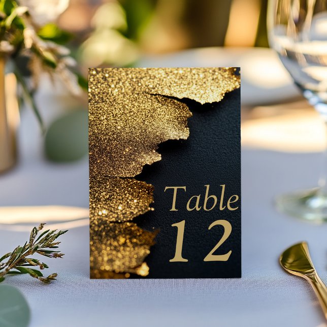 Gold Black Luxe Elegant Wedding Table Number Card (Sophisticated table number card features a luxurious gold glitter effect against textured black.)