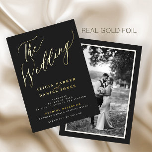 Gold black luxury elegant script photo wedding foil invitation