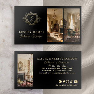 Gold black luxury elegant vintage monogram photo foil business cards