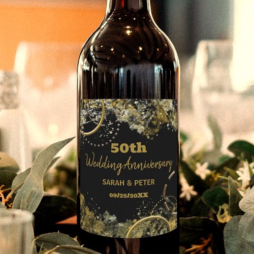 Gold Black Luxury Glam 50th Wedding Anniversary Wine Label